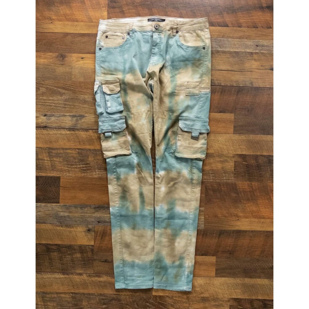 Serenede Cyber Cloud Cargo Jeans Mens 34 Blue Tan Tie Dye Tactical Utility Slim
